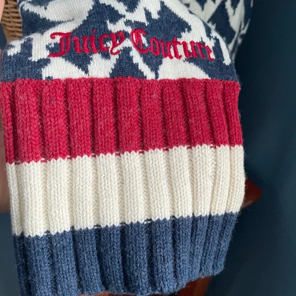 Juicy Couture Wool Cotton Winter Scarf Red White Blue Dog Pattern 8 x 71